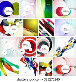 Conjunto de fondos abstractos. Círculos, remolinos y olas con espacio de copia para tu mensaje. Diseños publicitarios - plantillas, identidad y fondos de pantalla