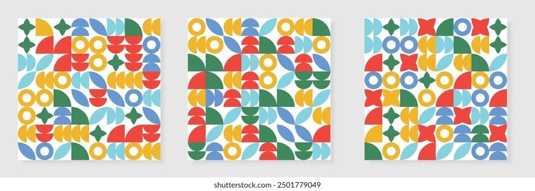 Set of abstract backgrounds. Collection of trendy Bauhaus patterns with geometric shapes, geometry graphics. Geometry modern grid pattern. Abstract geometric pattern design in retro style.