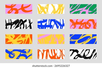 Conjunto de fundos abstratos. Traçados de pincel colorido, padrões, cartazes, capa, banner.