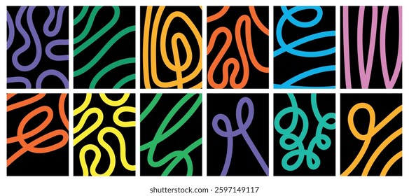 Set of abstract backgrounds with colorful lines and curves. Vector scribble patterns.