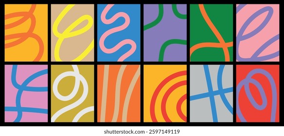 Set of abstract backgrounds with colorful lines and curves. Vector scribble patterns.