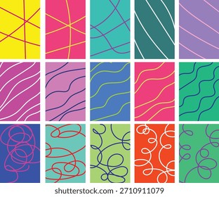 Conjunto de fondos abstractos. líneas y curvas coloridas. Diseño de patrones de garabatos de Vector