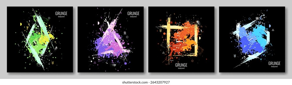 Set of abstract backgrounds. Colorful splashes of paint, brushstrokes on black background. Vector image. Design for cover, flyer, invitation.