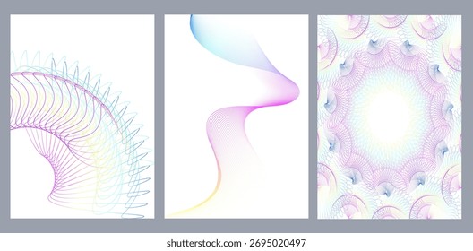Conjunto de fondos abstractos con ondas de colores, líneas de gradiente del arco iris, espirografía, curvas guilloche. Diseños de Vector minimalistas para portada de álbum, certificado, diploma, informe anual, cartel.