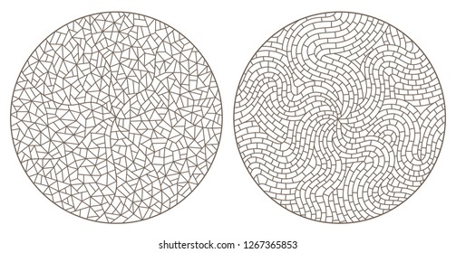 Set of abstract backgrounds contour stained glass, imitation of finely broken glass,round images