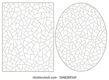 Conjunto de fondos abstractos que conforman el vidrio manchado, imitación de vidrio finamente roto, contornos oscuros sobre un fondo blanco, imágenes rectangulares y ovaladas