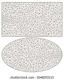 Set of abstract backgrounds contour stained glass, imitation of finely broken glass,dark outlines on a white background, rectangular and oval images