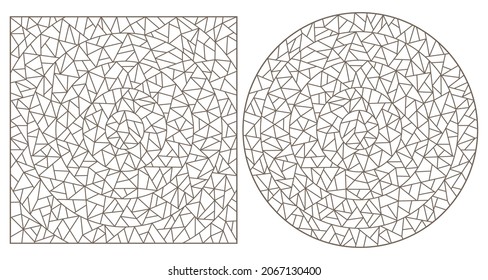 Set of abstract backgrounds contour stained glass, imitation of finely broken glass,dark outlines on a white background, rectangular and round images