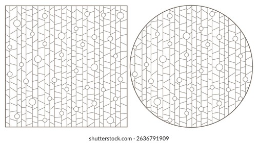 Set of abstract backgrounds contour stained glass, imitation of finely broken glass,dark outlines on a white background, rectangular and oval images