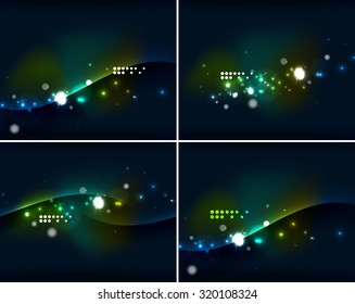 Conjunto de planos de fundo abstratos com copyspace. Luz de néon de cor brilhante no espaço escuro. Layouts de publicidade de banner - modelos coloridos e papéis de parede