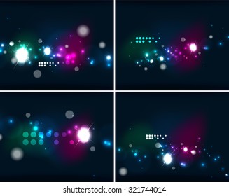 Set of abstract backgrounds with copyspace. Glowing color neon light in dark space. Banner advertising layouts - colorful templates and wallpapers