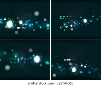Set abstrakter Hintergründe mit Kopienraum. Glühendes Neonlicht im dunklen Raum. Werbegestaltung für Banner - bunte Vorlagen und Bildschirmhintergründe