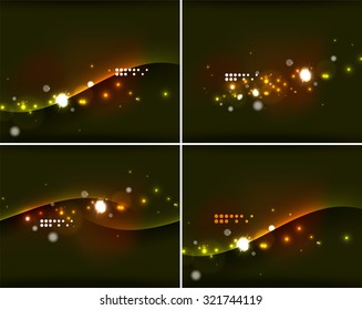 Set of abstract backgrounds with copyspace. Glowing color neon light in dark space. Banner advertising layouts - colorful templates and wallpapers
