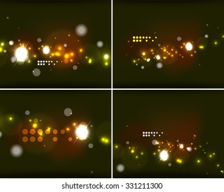 Set of abstract backgrounds with copyspace. Glowing color neon light in dark space. Banner advertising layouts - colorful templates and wallpapers