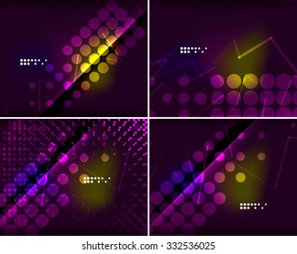 Set of abstract backgrounds with copyspace. Glowing color neon light in dark space. Banner advertising layouts - colorful templates and wallpapers