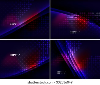 Set of abstract backgrounds with copyspace. Glowing color neon light in dark space. Banner advertising layouts - colorful templates and wallpapers