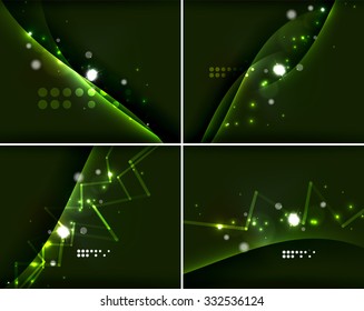 Set of abstract backgrounds with copyspace. Glowing color neon light in dark space. Banner advertising layouts - colorful templates and wallpapers
