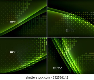 Set of abstract backgrounds with copyspace. Glowing color neon light in dark space. Banner advertising layouts - colorful templates and wallpapers