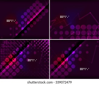 Set of abstract backgrounds with copyspace. Glowing color neon light in dark space. Banner advertising layouts - colorful templates and wallpapers