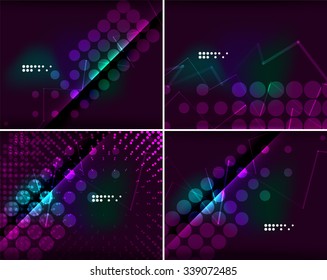 Set of abstract backgrounds with copyspace. Glowing color neon light in dark space. Banner advertising layouts - colorful templates and wallpapers