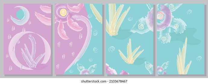 Set of abstract backgrounds or covers. Marine vegetation pattern with watercolor elements. Flowers, plants, drops and bubbles. Collection of modern posters. Vector illustration.