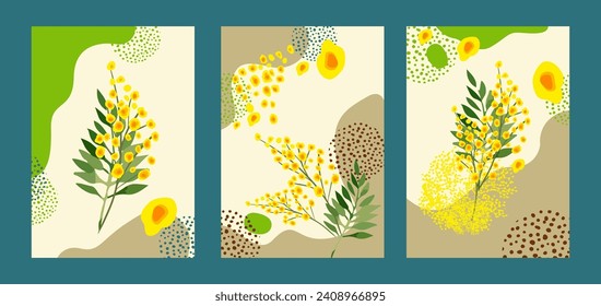 Abstrakte Hintergründe im kreativen Stil mit Blumen Mimosa. Moderne vertikale Illustrationen im Flachstil , Poster für Innenarchitektur, soziale Medien, Postkarten, botanische Drucke. Nicht AI, Vektorgrafik