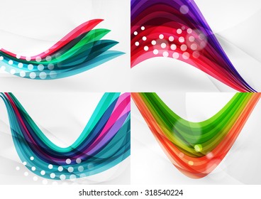 Conjunto de fondos abstractos. Líneas de onda de curva con efectos de luz y sombra, rayas de estilo arcoiris y destellos