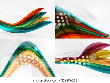 Conjunto de fondos abstractos. Líneas de onda de curva con efectos de luz y sombra, rayas de estilo arcoiris y destellos
