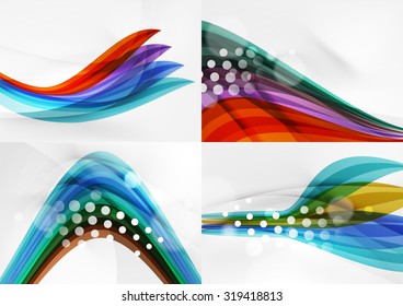 Conjunto de fondos abstractos. Líneas de onda de curva con efectos de luz y sombra, rayas de estilo arcoiris y destellos