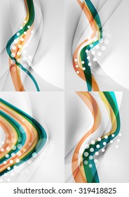 Set of abstract backgrounds. Curve wave lines with light and shadow effects, rainbow style stripes and flares