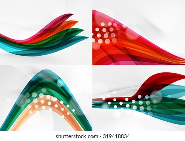 Set of abstract backgrounds. Curve wave lines with light and shadow effects, rainbow style stripes and flares