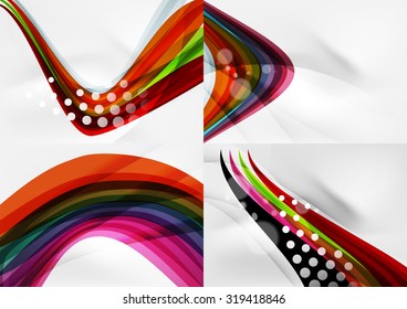 Conjunto de fondos abstractos. Líneas de onda de curva con efectos de luz y sombra, rayas de estilo arcoiris y destellos
