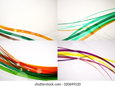 Conjunto de fondos abstractos. Líneas de onda de curva con efectos de luz y sombra, rayas de estilo arcoiris y destellos