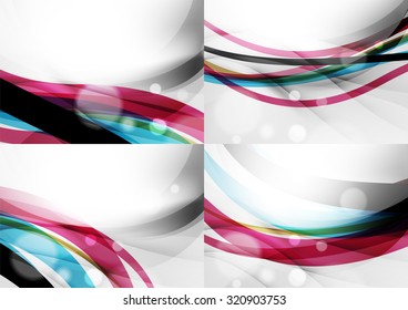 Set of abstract backgrounds. Curve wave lines with light and shadow effects, rainbow style stripes and flares