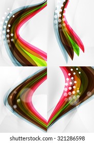 Set of abstract backgrounds. Curve wave lines with light and shadow effects, rainbow style stripes and flares