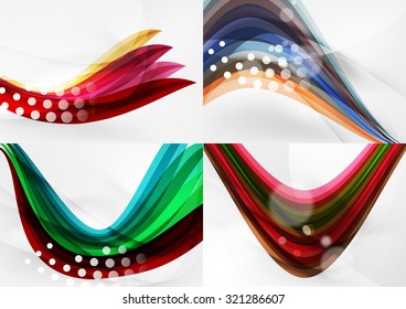 Conjunto de fondos abstractos. Líneas de onda de curva con efectos de luz y sombra, rayas de estilo arcoiris y destellos