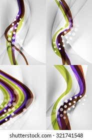 Set of abstract backgrounds. Curve wave lines with light and shadow effects, rainbow style stripes and flares