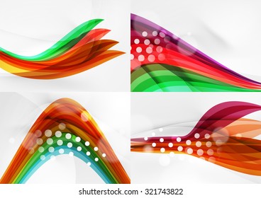 Set of abstract backgrounds. Curve wave lines with light and shadow effects, rainbow style stripes and flares