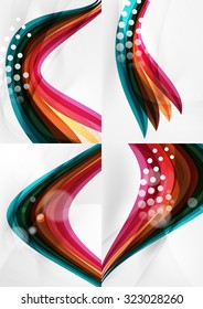 Conjunto de fondos abstractos. Líneas de onda de curva con efectos de luz y sombra, rayas de estilo arcoiris y destellos