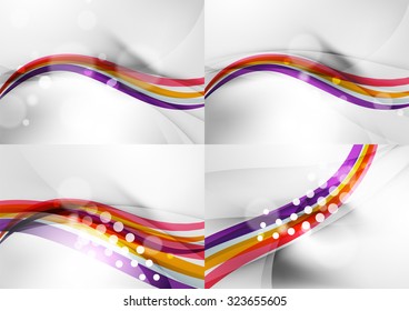 Set of abstract backgrounds. Curve wave lines with light and shadow effects, rainbow style stripes and flares