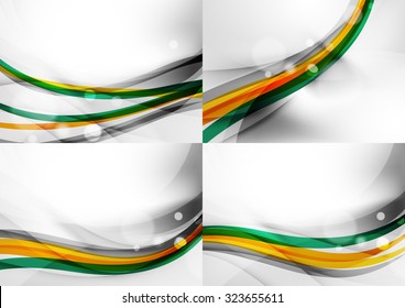 Set of abstract backgrounds. Curve wave lines with light and shadow effects, rainbow style stripes and flares