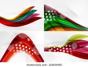 Set of abstract backgrounds. Curve wave lines with light and shadow effects, rainbow style stripes and flares