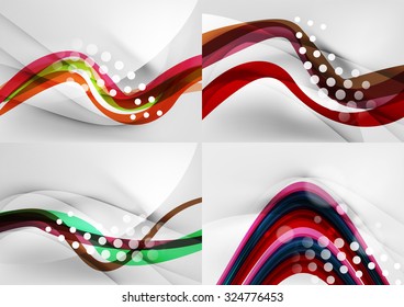 Conjunto de fondos abstractos. Líneas de onda de curva con efectos de luz y sombra, rayas de estilo arcoiris y destellos