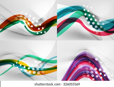Set of abstract backgrounds. Curve wave lines with light and shadow effects, rainbow style stripes and flares