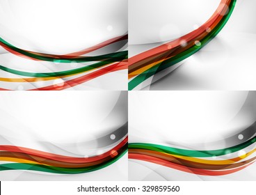 Set of abstract backgrounds. Curve wave lines with light and shadow effects, rainbow style stripes and flares