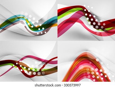 Conjunto de fondos abstractos. Líneas de onda de curva con efectos de luz y sombra, rayas de estilo arcoiris y destellos
