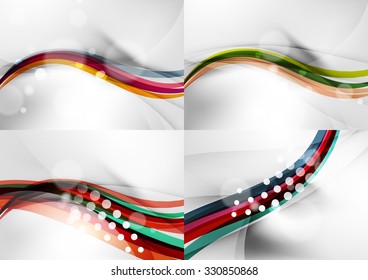 Set of abstract backgrounds. Curve wave lines with light and shadow effects, rainbow style stripes and flares