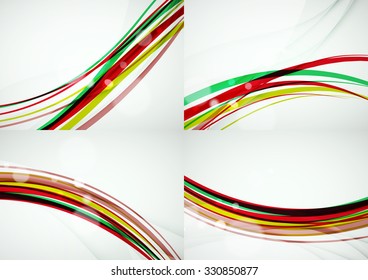 Set of abstract backgrounds. Curve wave lines with light and shadow effects, rainbow style stripes and flares