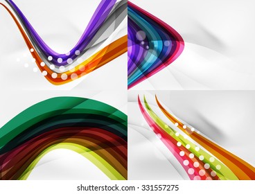 Conjunto de fondos abstractos. Líneas de onda de curva con efectos de luz y sombra, rayas de estilo arcoiris y destellos