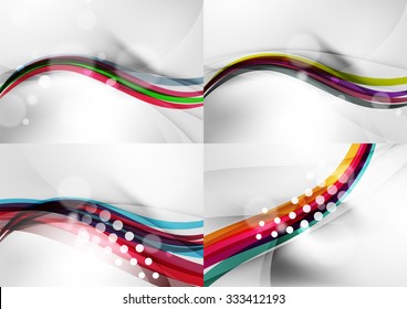 Conjunto de fondos abstractos. Líneas de onda de curva con efectos de luz y sombra, rayas de estilo arcoiris y destellos